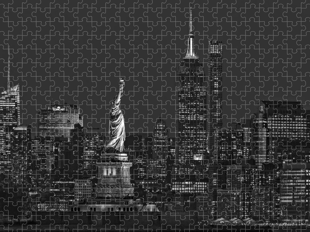 Statue Of Liberty Jigsaw Puzzle featuring the photograph Empire State And Statue Of Liberty II BW by Susan Candelario
