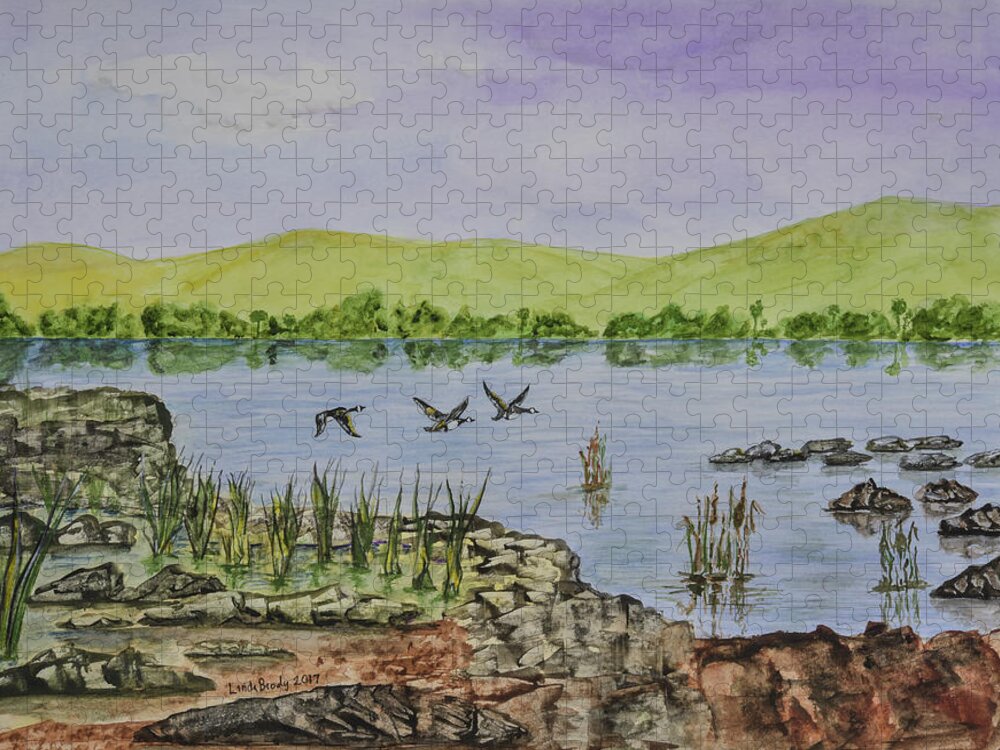 Linda Brody Jigsaw Puzzle featuring the painting Enjoying the Lake from the Rocky Shore by Linda Brody