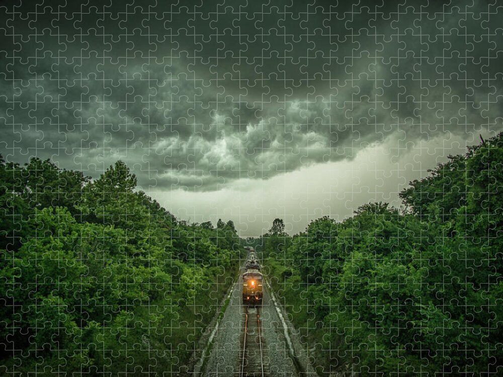 Railroad Tracks Jigsaw Puzzle featuring the photograph Entering the storm by Jim Pearson