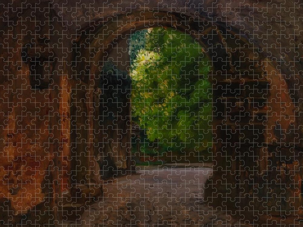 Painting Jigsaw Puzzle featuring the painting Entrance To The Castle Wiesenburg In The Mark by Mountain Dreams