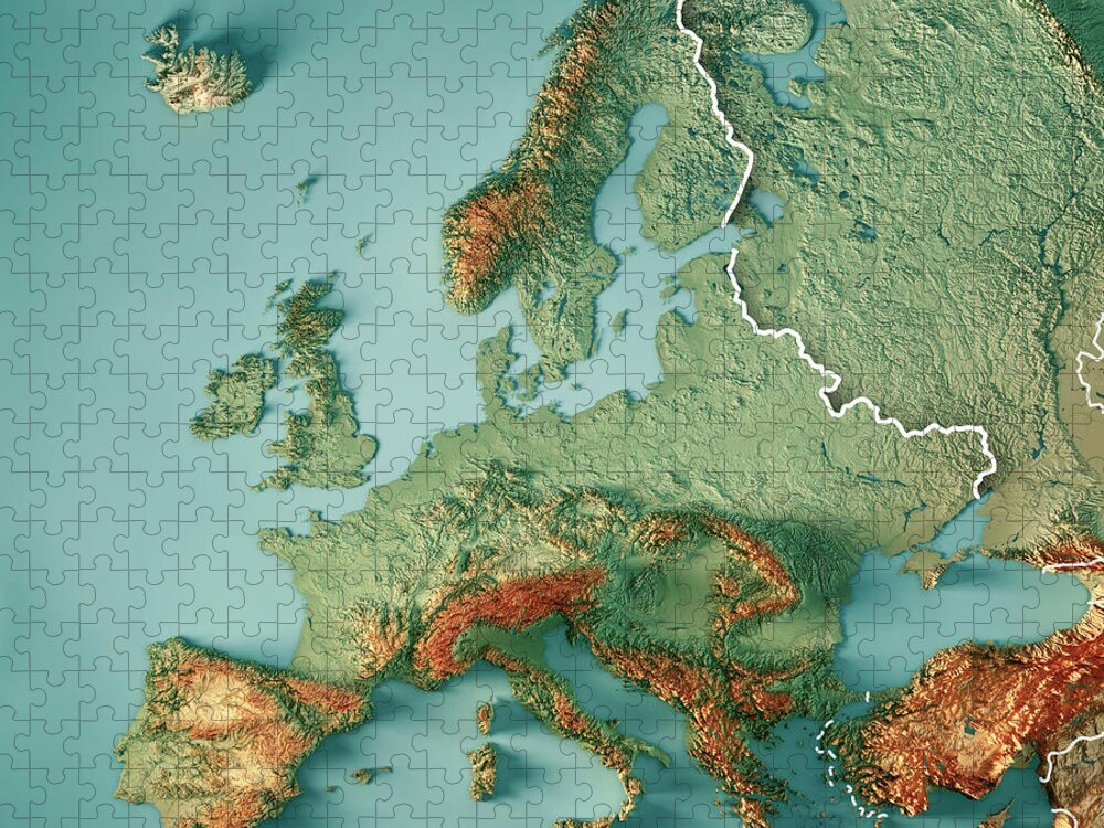Europe Jigsaw Puzzle featuring the digital art Europe 3D Render Topographic Map Color Border by Frank Ramspott