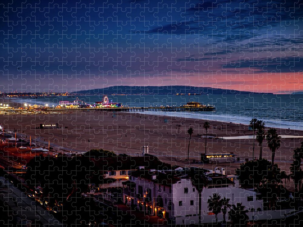 Santa Monica Pier At Night Jigsaw Puzzle featuring the photograph Evening Glow On The Pier by Gene Parks