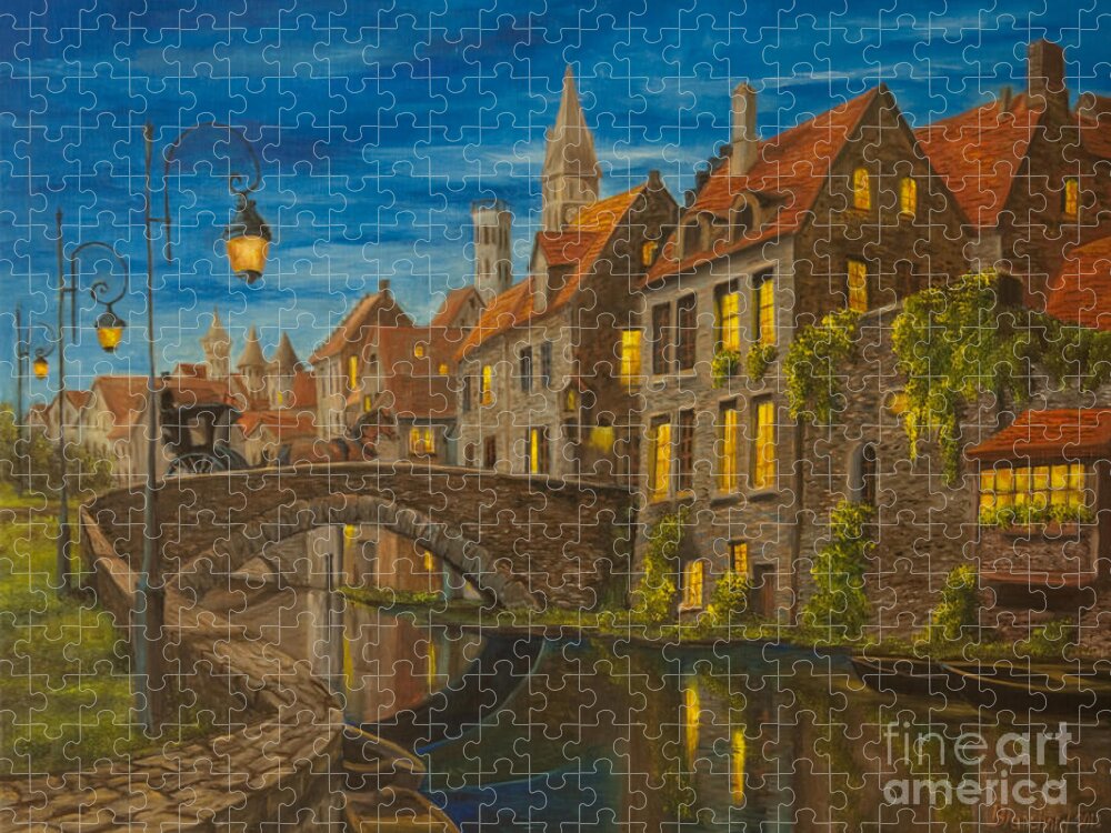 Bruges Belgium Art Jigsaw Puzzle featuring the painting Evening in Brugge by Charlotte Blanchard