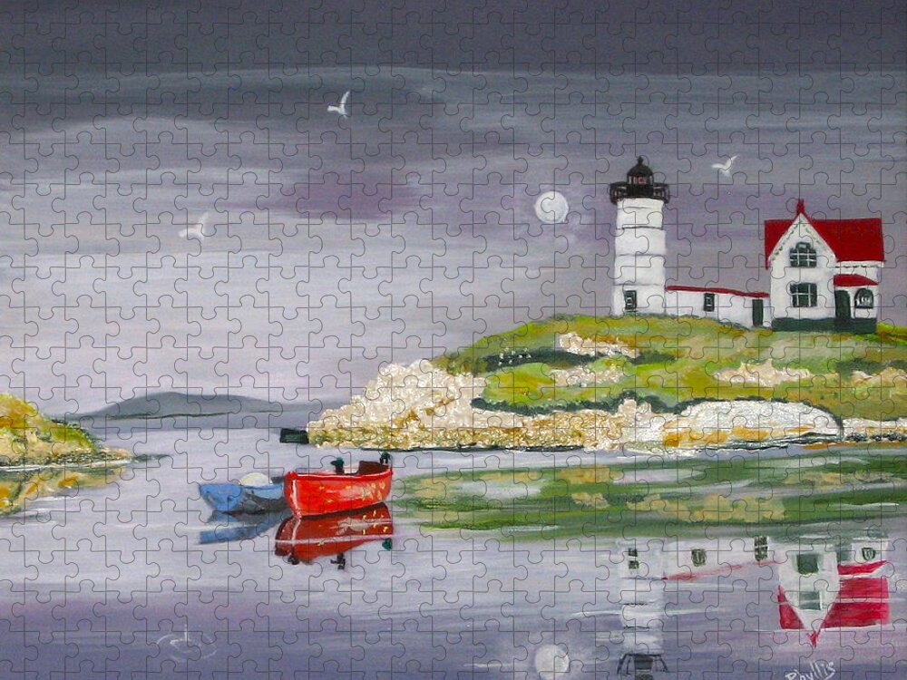 Lighthouse Jigsaw Puzzle featuring the painting Evening Lighthouse by Phyllis Kaltenbach