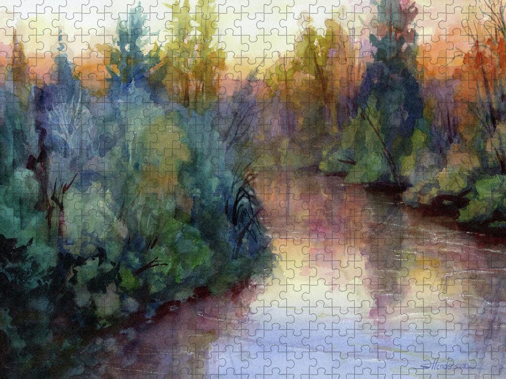Water Jigsaw Puzzle featuring the painting Evening on the Willamette by Steve Henderson