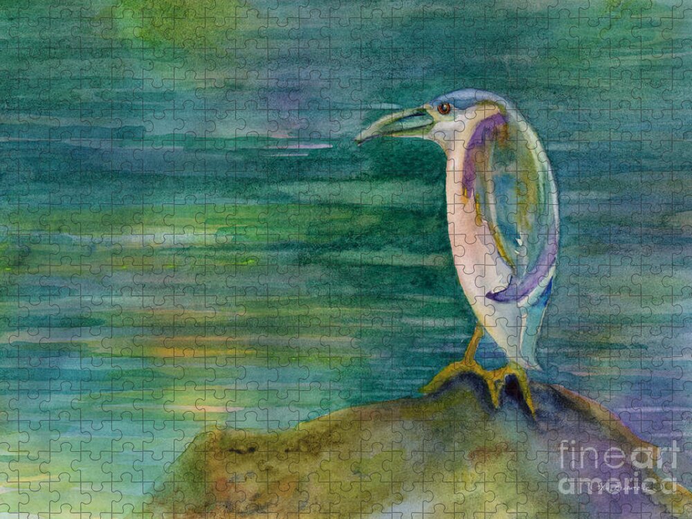 Black Headed Night Heron Jigsaw Puzzle featuring the painting Evening Watch by Amy Kirkpatrick