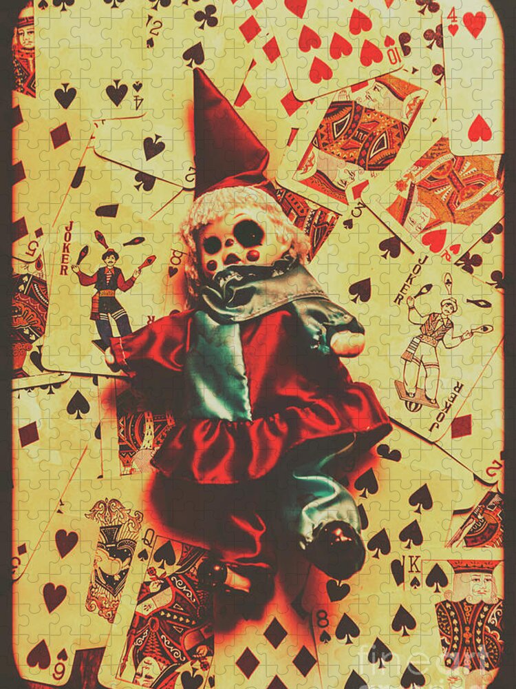 Doll Jigsaw Puzzle featuring the photograph Evil clown doll on playing cards by Jorgo Photography