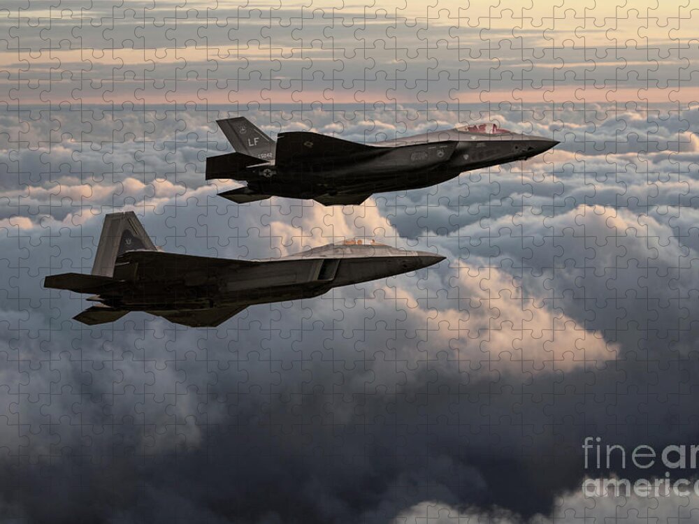 F35 And F22 Jigsaw Puzzle featuring the digital art F22 with F35 by Airpower Art
