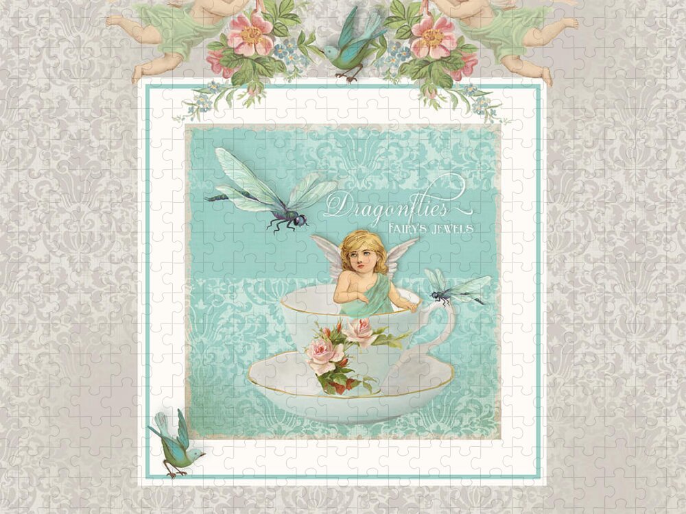 Vintage Jigsaw Puzzle featuring the painting Fairy Teacups - Vintage Modern Baby Room Decor by Audrey Jeanne Roberts