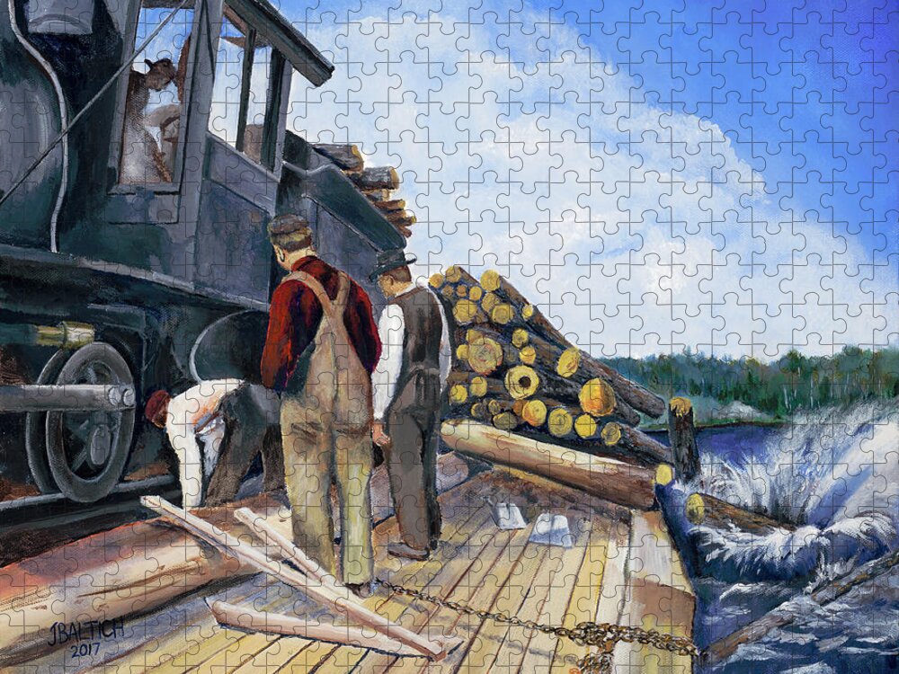 Fall Lake Jigsaw Puzzle featuring the painting Fall Lake Train by Joe Baltich