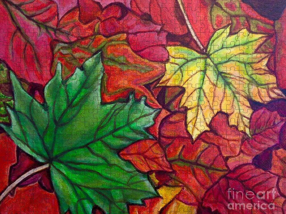 Nature Scene Collage Of Falling Fallen Leaves Gold Yellow Crimson Purple Eggplant Coral Orange Hot Pink Magenta Hunter Green Maple Leaves Acrylic Painting Jigsaw Puzzle featuring the painting Falling Leaves I Painting by Kimberlee Baxter