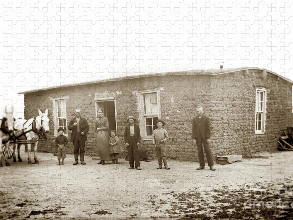 Family Jigsaw Puzzle featuring the photograph Family in front of a Sod House circa 1898 by Monterey County Historical Society