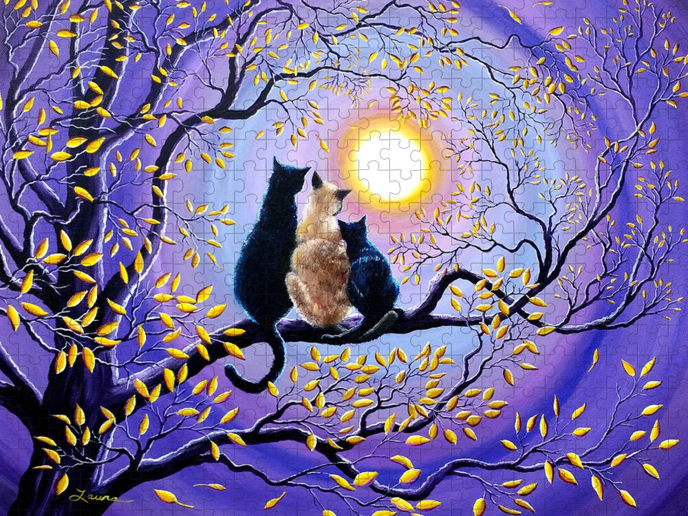 Cat Jigsaw Puzzle featuring the painting Family Moon Gazing Night by Laura Iverson