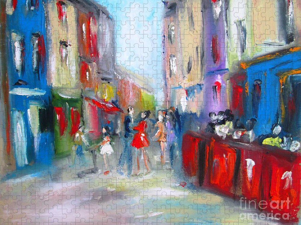 Galway City Jigsaw Puzzle featuring the painting Painting of a Family on quay street galway city ireland by Mary Cahalan Lee - aka PIXI