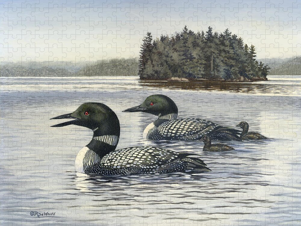 Common Loon Jigsaw Puzzle featuring the painting Family Outing by Richard De Wolfe