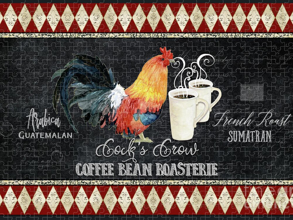 Cock's Crow Coffee Jigsaw Puzzle featuring the painting Farm Fresh Rooster 6 - Coffee Bean Roasterie French Roast by Audrey Jeanne Roberts