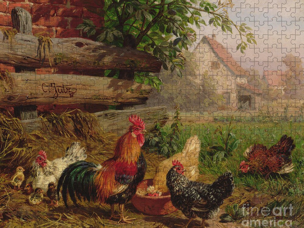 Chicken Jigsaw Puzzle featuring the painting Farmyard Chickens by Carl Jutz