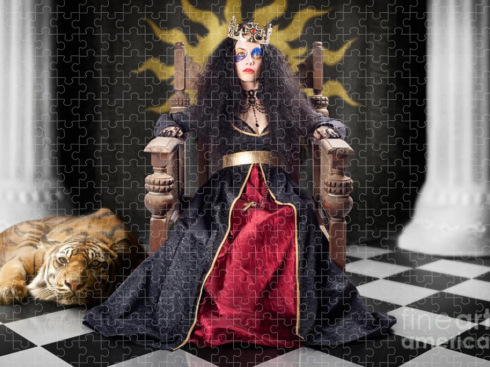 Queen Jigsaw Puzzle featuring the photograph Fashion queen in crown sitting in jester court by Jorgo Photography