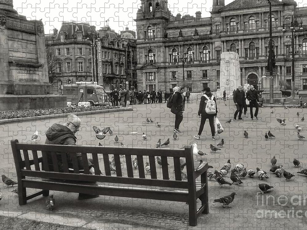 George Square Jigsaw Puzzle featuring the photograph Feeding the Birds at George Square In Greyscale by Joan-Violet Stretch