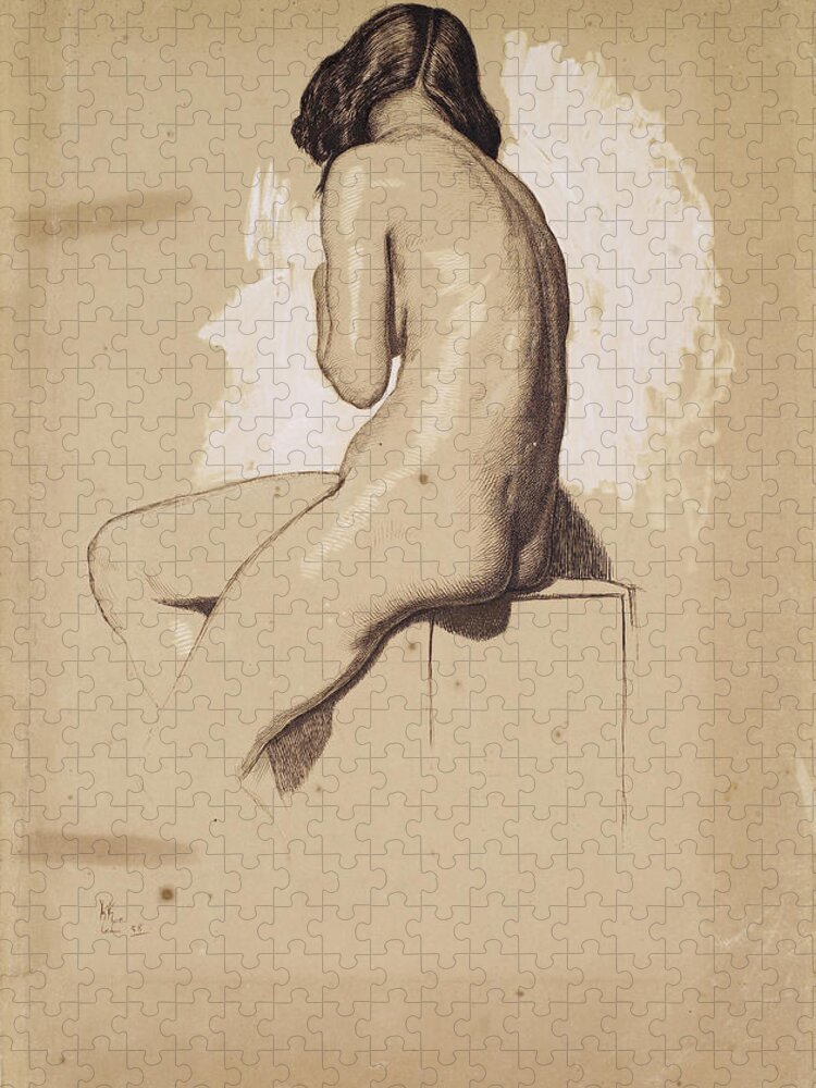 William Holman Hunt Jigsaw Puzzle featuring the drawing Female Nude. Study from behind by William Holman Hunt
