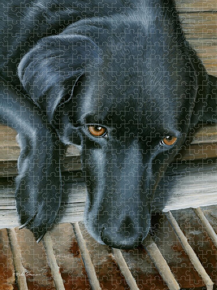 Black Lab Jigsaw Puzzle featuring the painting Fergie by Mike Brown