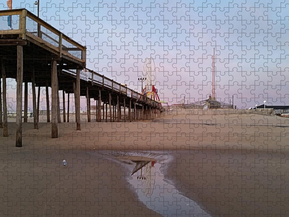 Oc Fishing Pier Jigsaw Puzzle featuring the photograph Ferris Wheel Reflection at Dawn by Robert Banach