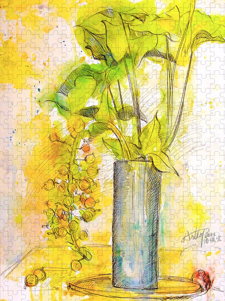 Fig Jigsaw Puzzle featuring the painting Fig Flower leaves- ArtToPan -still life watercolor color sketch by Artto Pan