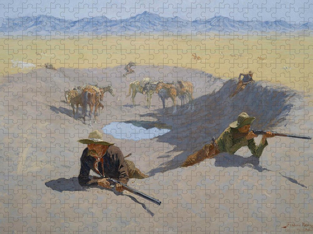 Frederic Remington Jigsaw Puzzle featuring the painting Fight for the Waterhole, from 1903 by Frederic Remington