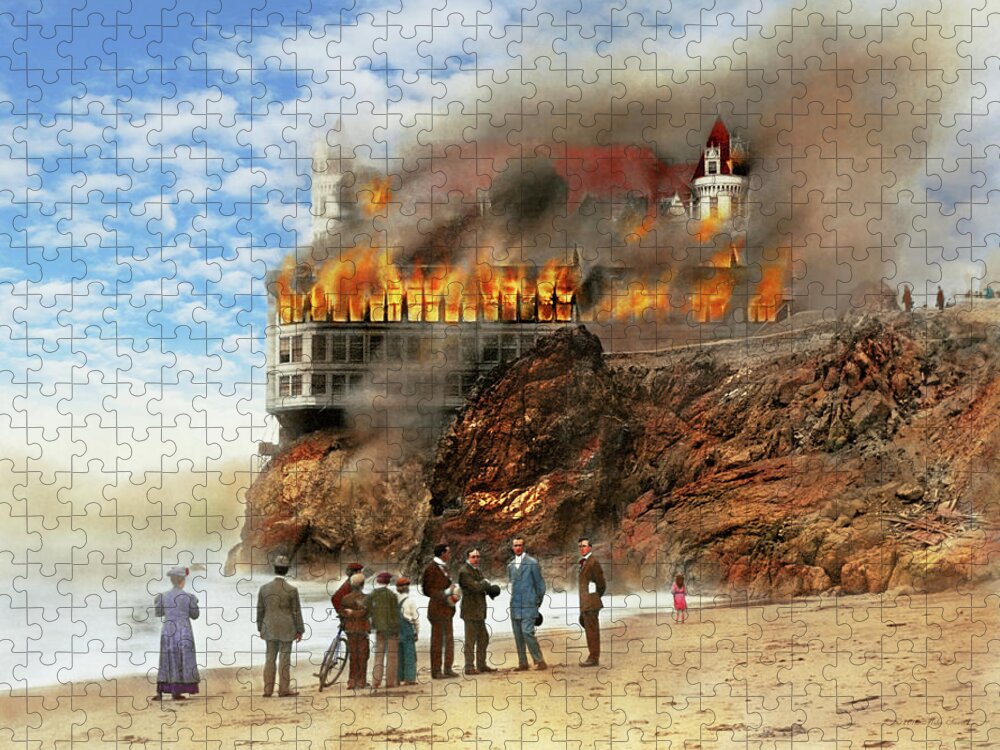 Cliff House Fire Jigsaw Puzzle featuring the photograph Fire - Cliffside fire 1907 by Mike Savad