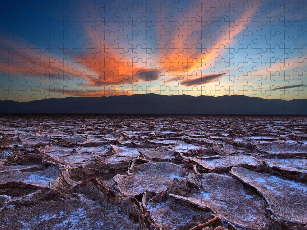 Badwater; Below Sea Level; Death Valley; Landscape; Minus 282; Mud; National Park; Ridges; Salt; Salt Pan; Sunset; Jigsaw Puzzle featuring the photograph Fire in the Sky and Embers Down Below by David Andersen