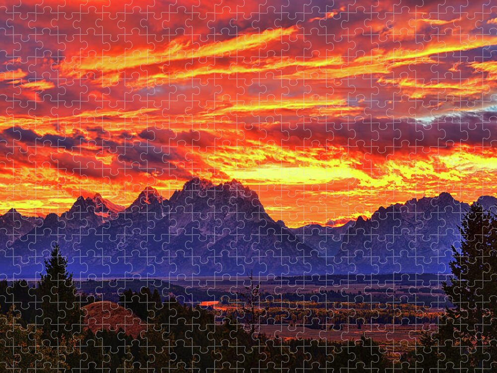 Tetons Jigsaw Puzzle featuring the photograph Fire In The Teton Sky by Greg Norrell