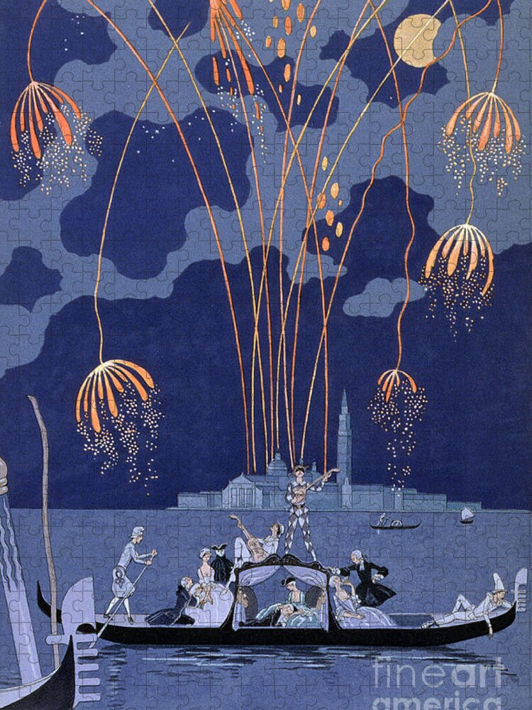 Art Deco; Stencil Jigsaw Puzzle featuring the painting Fireworks in Venice by Georges Barbier