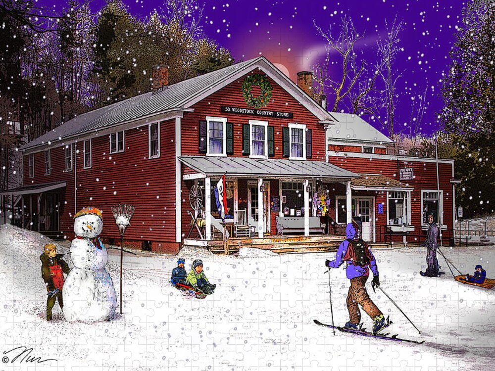 Country Jigsaw Puzzle featuring the digital art First Snow at The South Woodstock Country Store by Nancy Griswold