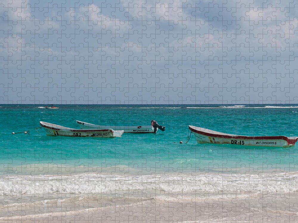 Mexico Quintana Roo Jigsaw Puzzle featuring the digital art Fishing Boats at Tulum Beach by Carol Ailles