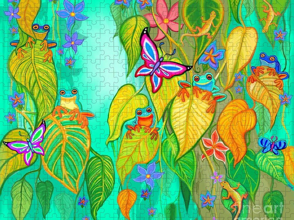 Frogs Jigsaw Puzzle featuring the digital art Five Happy Frogs by Nick Gustafson