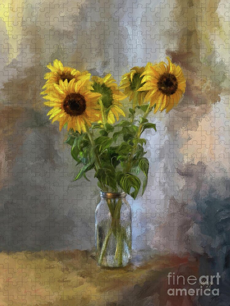 Sunflower Jigsaw Puzzle featuring the digital art Five Sunflowers Centered by Lois Bryan
