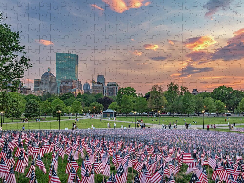 Boston Jigsaw Puzzle featuring the photograph Flag Sunset on Boston Common by Kristen Wilkinson