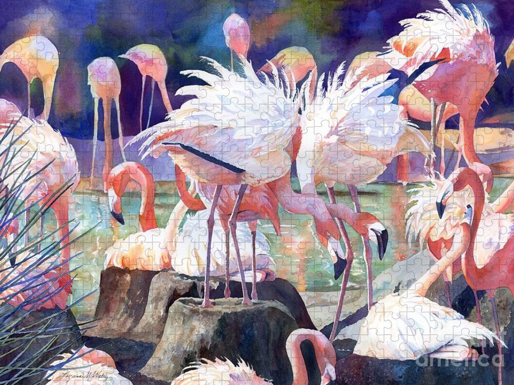 Watercolor Jigsaw Puzzle featuring the painting Flamingo Dance by Lorraine Watry