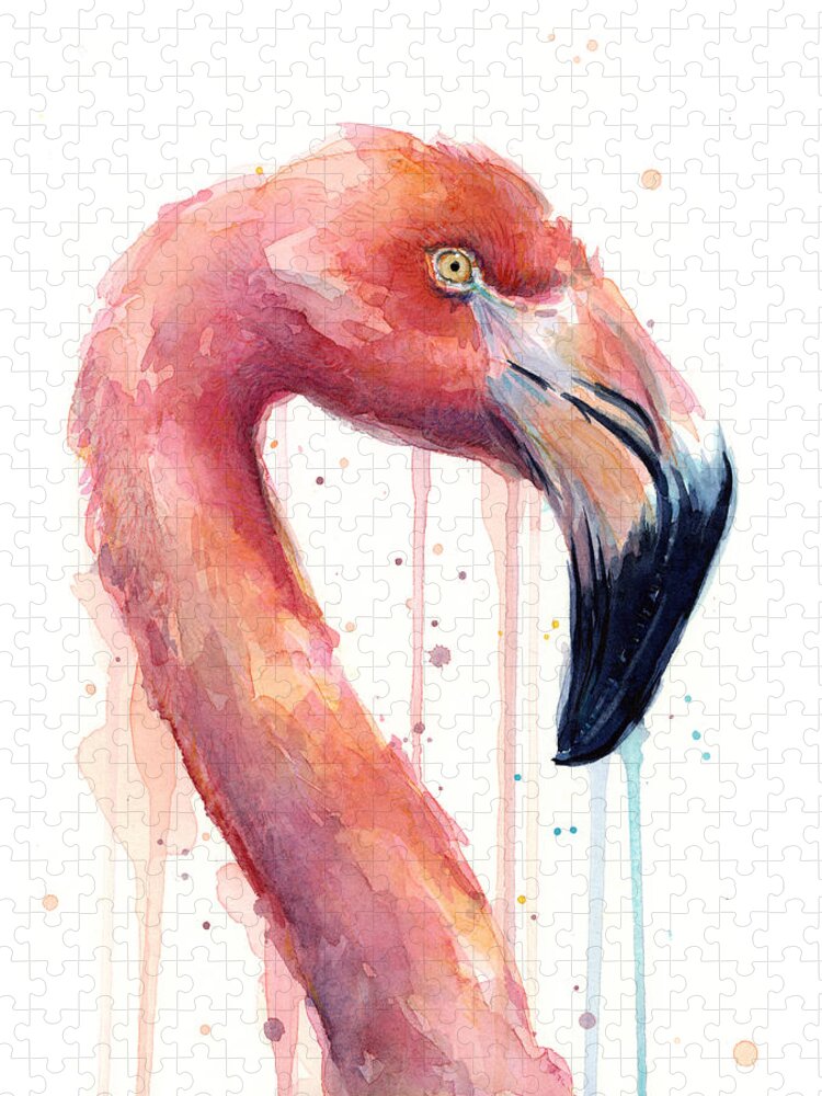 Watercolor Flamingo Jigsaw Puzzle featuring the painting Flamingo Painting Watercolor - Facing Right by Olga Shvartsur