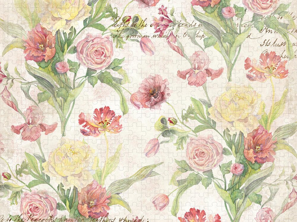 Peony Jigsaw Puzzle featuring the painting Fleurs de Pivoine - Watercolor in a French Vintage Wallpaper Style by Audrey Jeanne Roberts