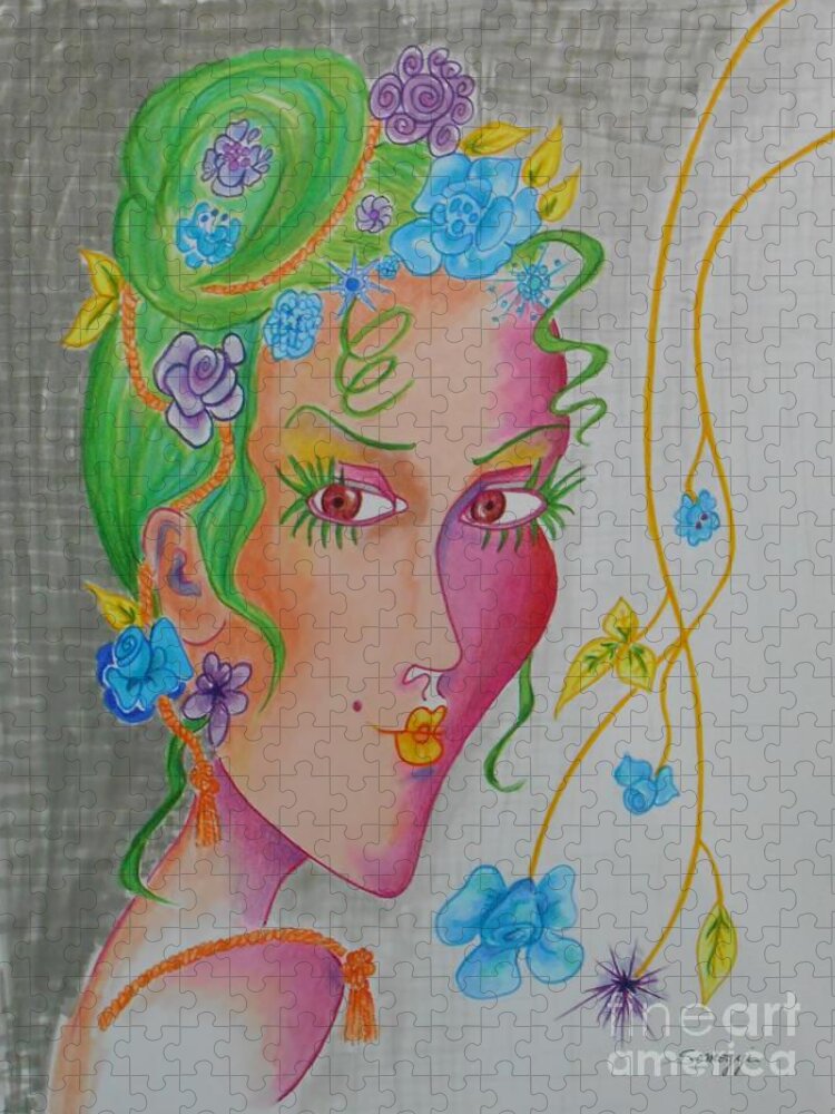 Flower Child Jigsaw Puzzle featuring the drawing Flower Child by Jayne Somogy