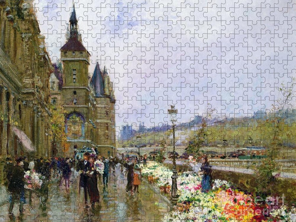 Flower Sellers By The Seine Jigsaw Puzzle featuring the painting Flower Sellers by the Seine by Georges Stein