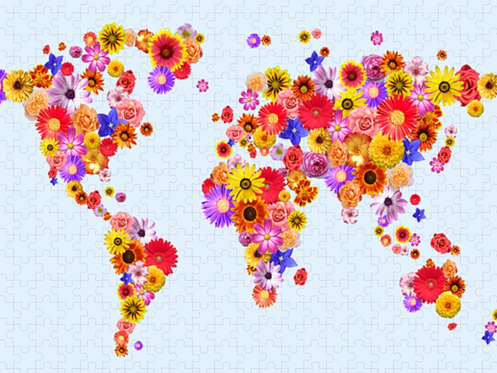 World Map Jigsaw Puzzle featuring the digital art Flower World Map by Michael Tompsett