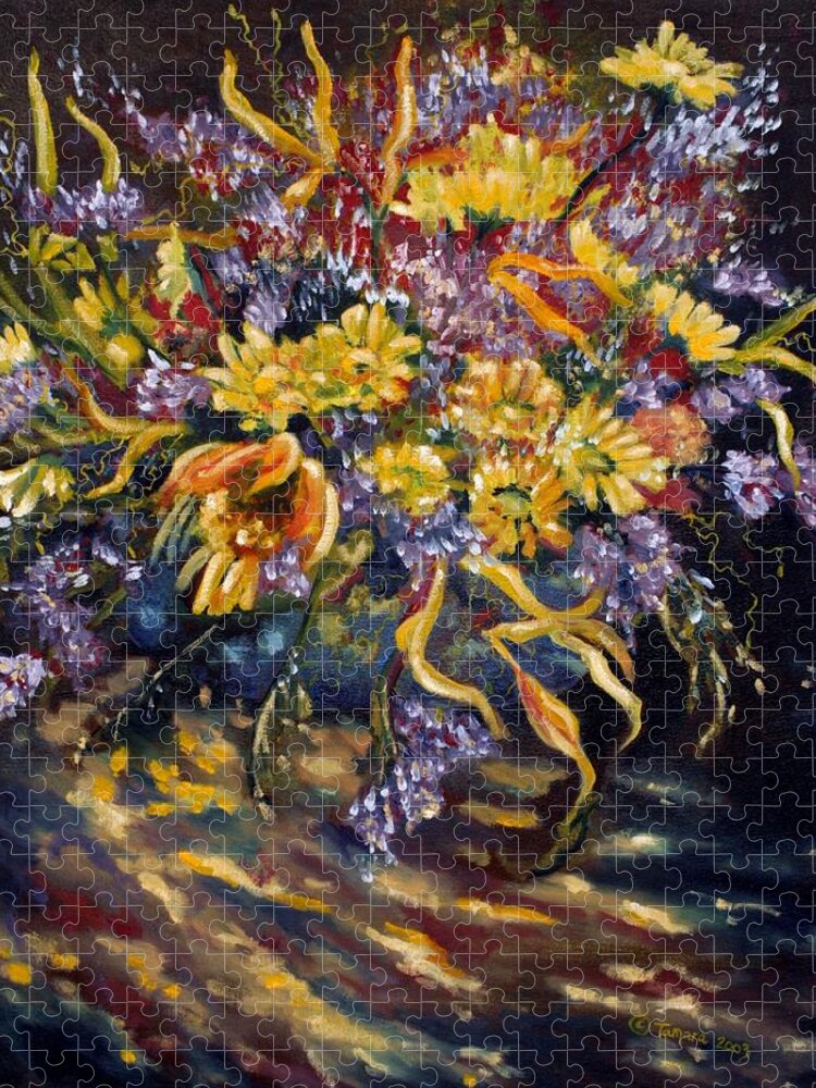 Oil Painting Jigsaw Puzzle featuring the painting Flowers in Blue Dish by Tamara Kulish