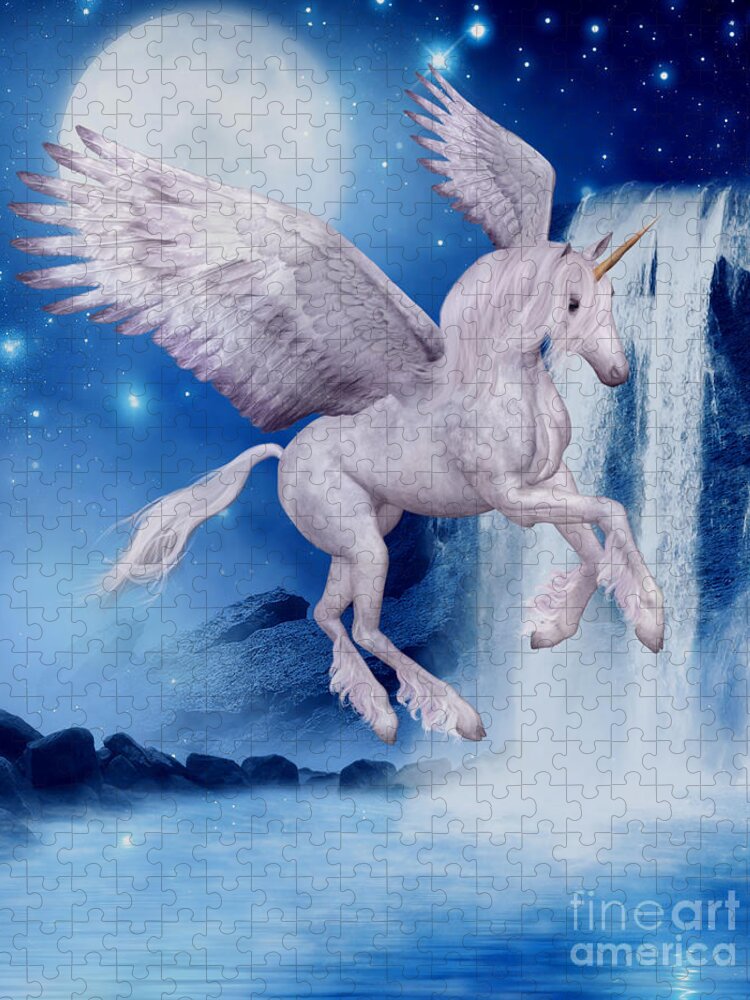 Unicorn Jigsaw Puzzle featuring the digital art Flying Unicorn by Smilin Eyes Treasures