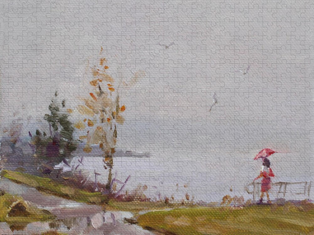Fog Jigsaw Puzzle featuring the painting Fog and Rain at Gratwick Waterfront Park by Ylli Haruni