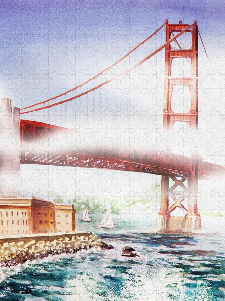 Golden Gate Jigsaw Puzzle featuring the painting Fog At Golden Gate Of San Francisco by Irina Sztukowski