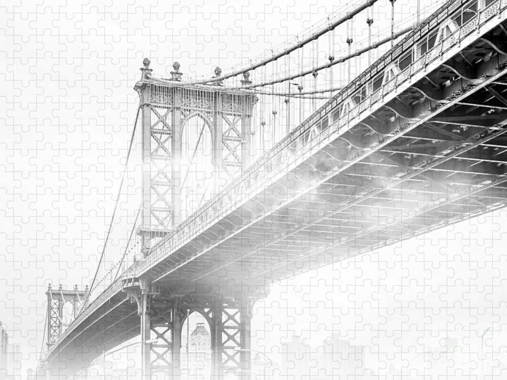 Manhattan Bridge Puzzle featuring the photograph Fog Under The Manhattan BW by Az Jackson