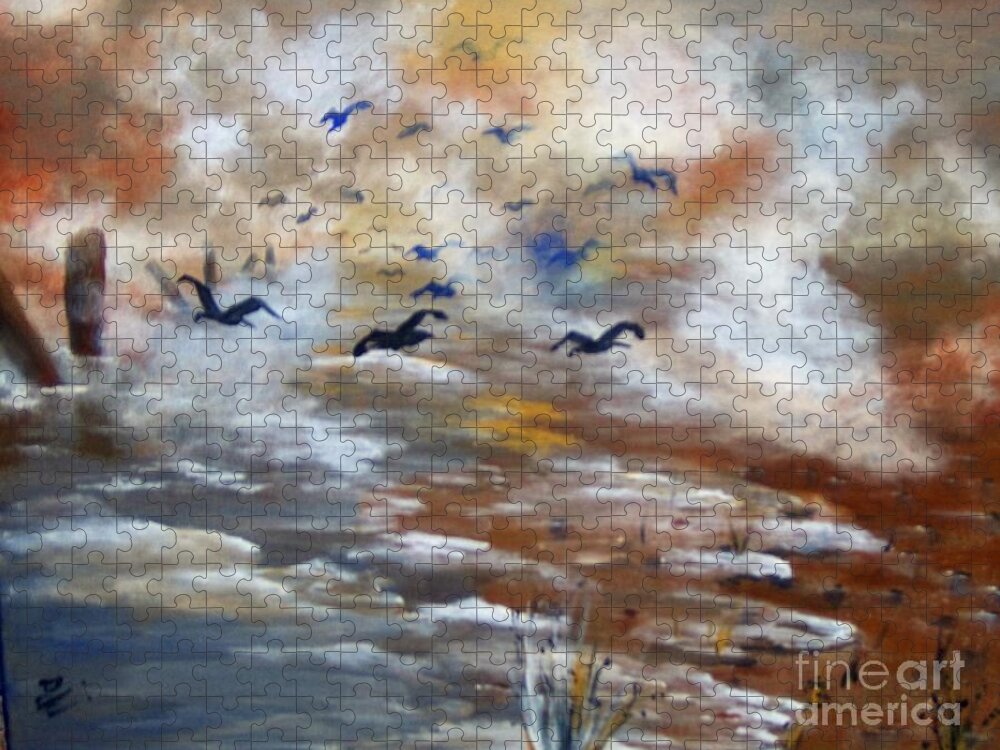 Birds Jigsaw Puzzle featuring the painting Foggy Beach by Saundra Johnson