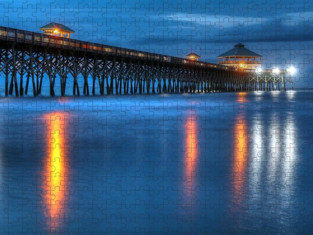 Carol R Montoya Jigsaw Puzzle featuring the photograph Folly Beach Pier At Blue Hour Charleston South Carolina by Carol Montoya